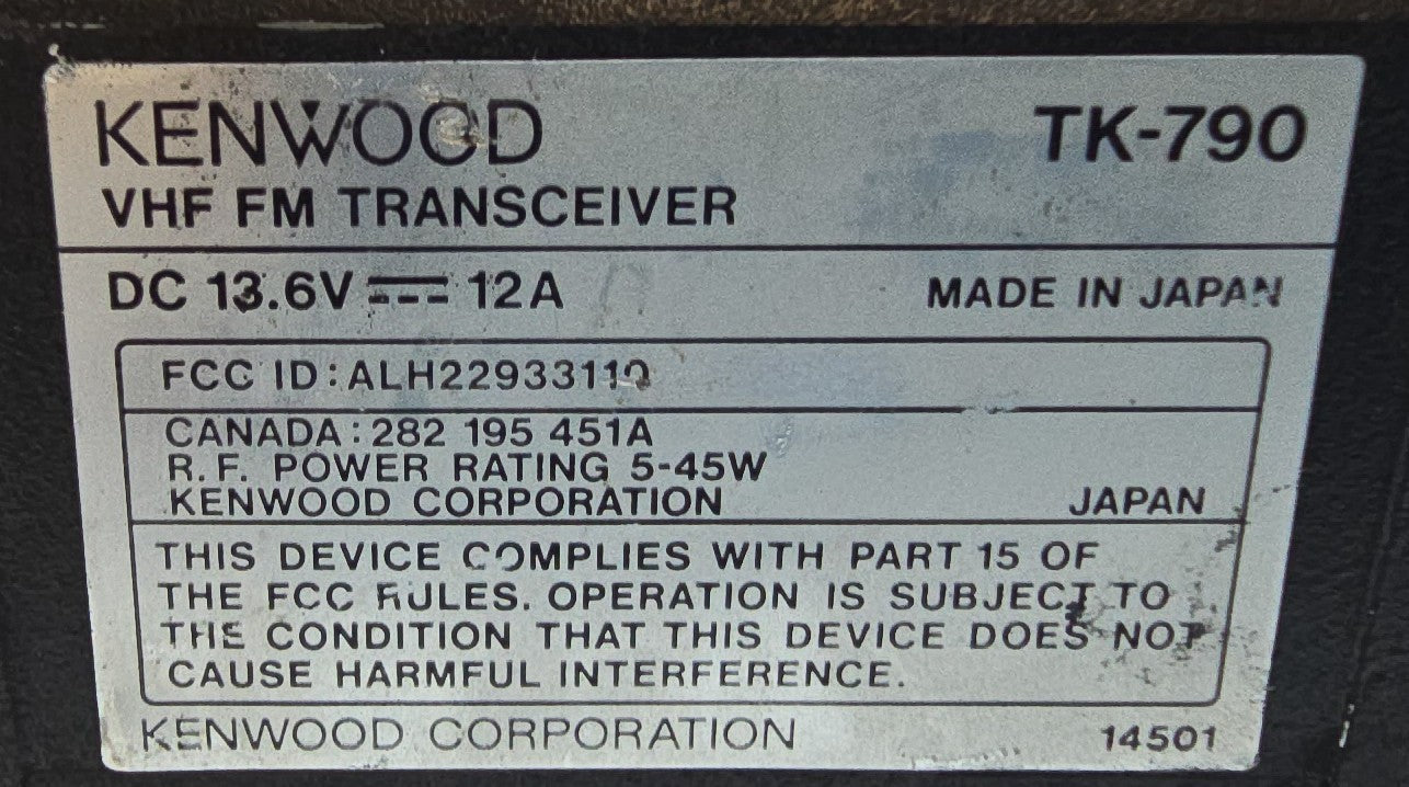 Kenwood TK-790 VHF 148-174 MHz 160 ch MOBILE RADIO W/ REMOTE MOUNT HEAD10